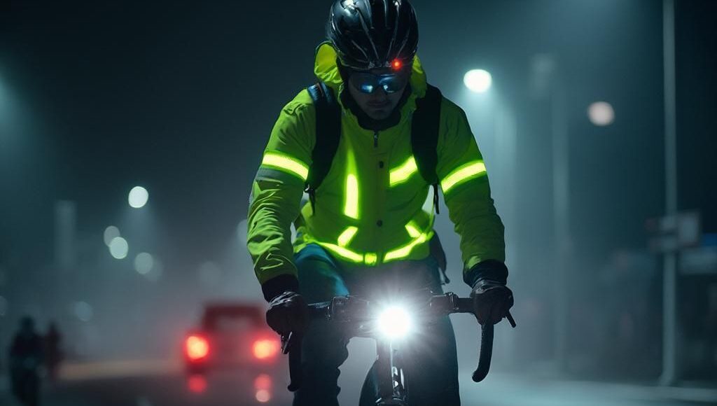 Night cycling safety tips with cyclist using lights, reflective gear, and protective equipment on well-lit city roads