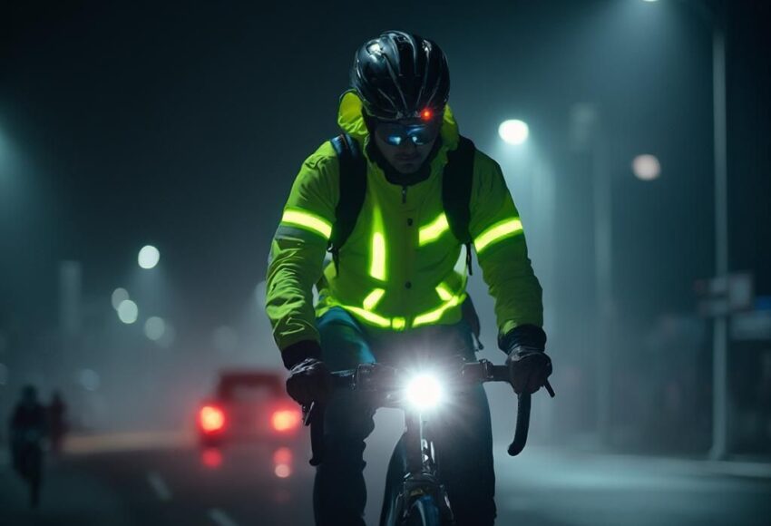 Night cycling safety tips with cyclist using lights, reflective gear, and protective equipment on well-lit city roads