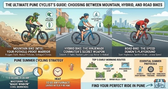 Cyclist comparing mountain bike, hybrid bike, and road bike on Pune city roads and cycling routes near PCMC.