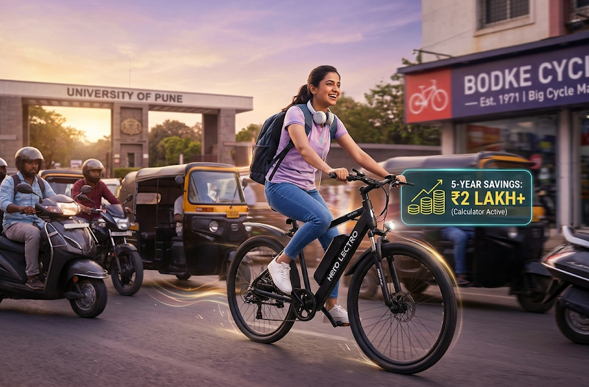 College student riding a Hero Lectro e-cycle on a Pune city road while commuting to campus efficiently and sustainably.