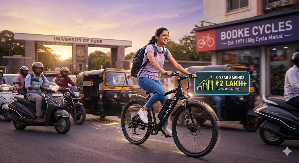 College student riding a Hero Lectro e-cycle on a Pune city road while commuting to campus efficiently and sustainably.