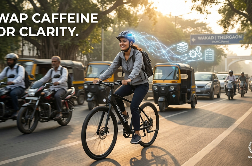 Young professional and student riding a bicycle during a morning commute in Pune to improve focus, productivity, and mental well-being.