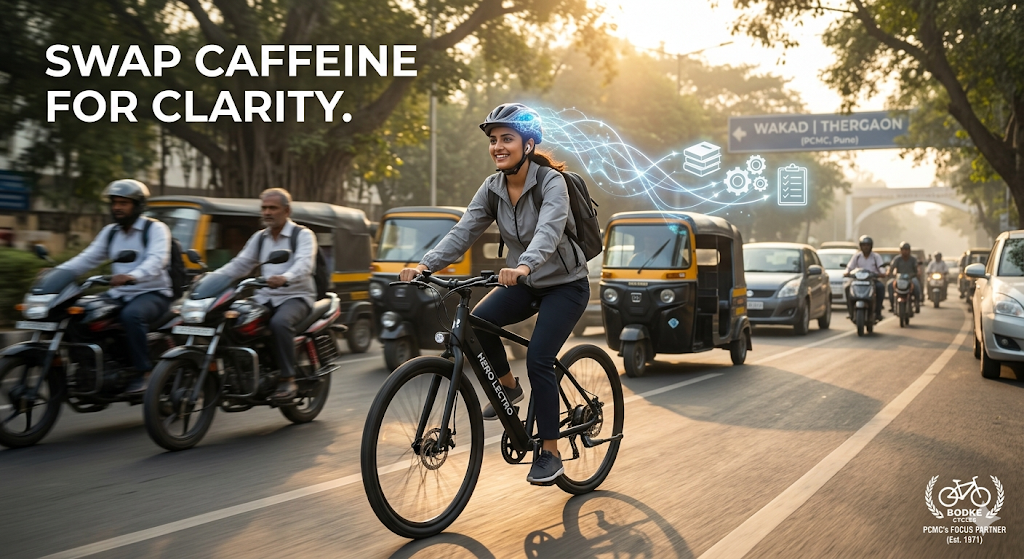 Young professional and student riding a bicycle during a morning commute in Pune to improve focus, productivity, and mental well-being.