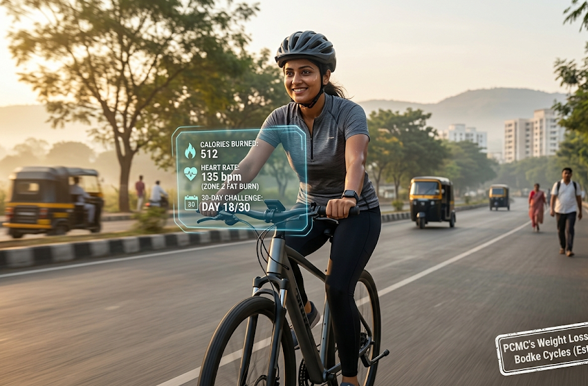 Man and woman cycling on Pune roads during a morning fitness ride for weight loss and healthy lifestyle transformation in PCMC
