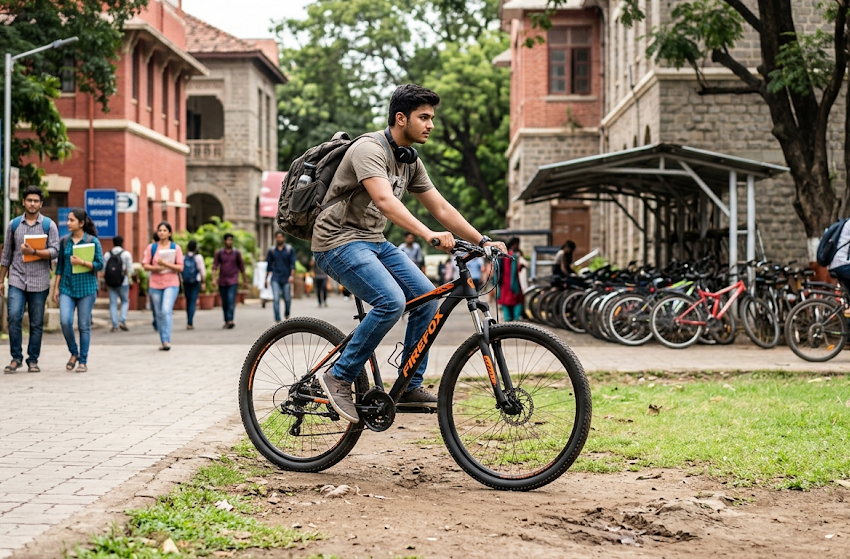 Student riding a Firefox mountain bike on a college campus in Pune showcasing durable alloy frame, disc brakes, and daily commuting performance
