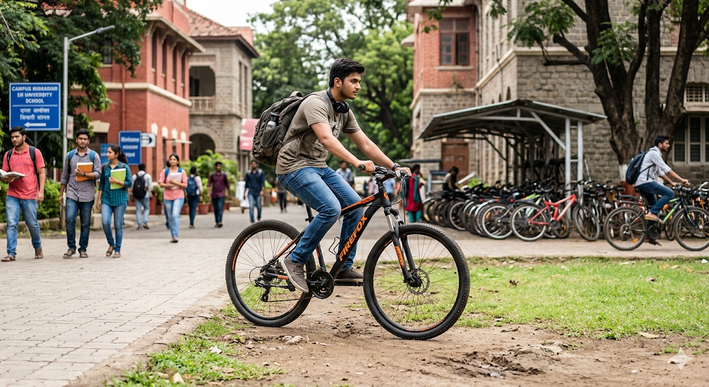 Student riding a Firefox mountain bike on a college campus in Pune showcasing durable alloy frame, disc brakes, and daily commuting performance