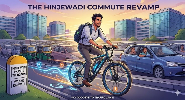 Hinjewadi IT professional commuting on a Hero Lectro e-cycle through Pune traffic during office hours.
