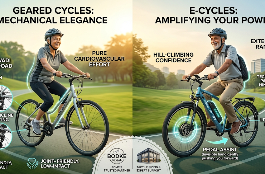 Senior citizen riding an electric cycle and geared bicycle for fitness, comfort, and mobility in Pune