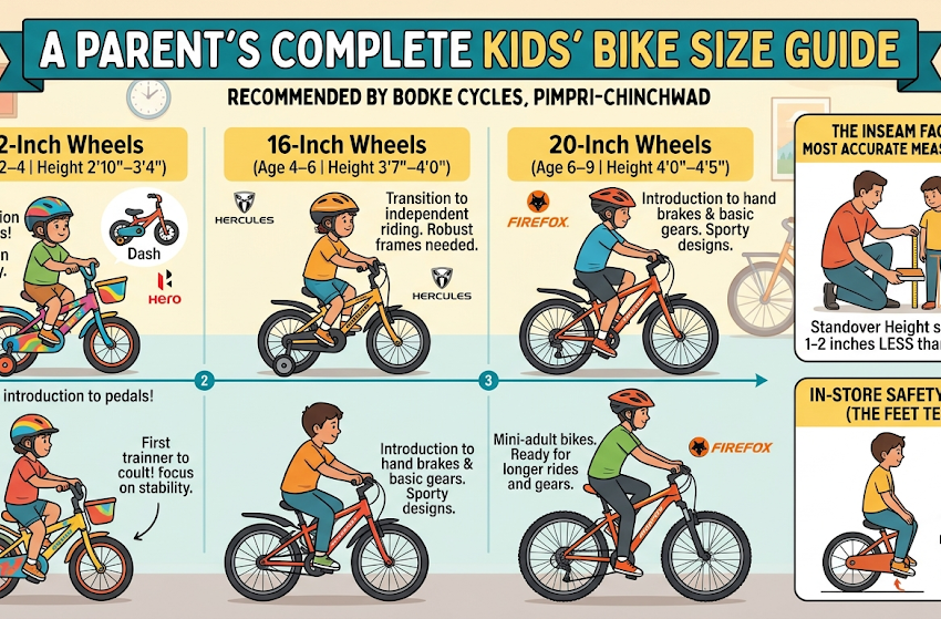 Parent helping a child choose the correct bicycle size from Hero, Hercules and Firefox kids bikes.