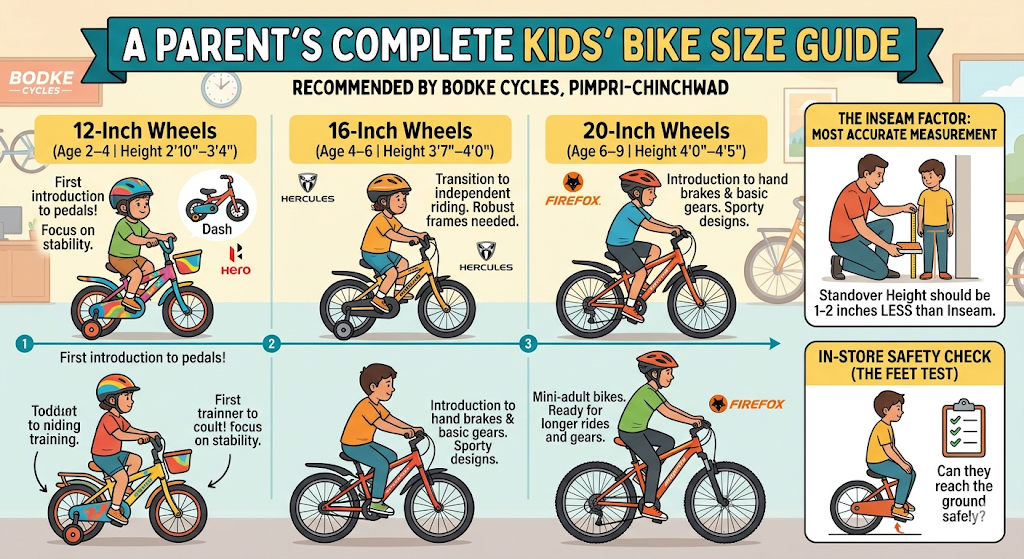 Parent helping a child choose the correct bicycle size from Hero, Hercules and Firefox kids bikes.