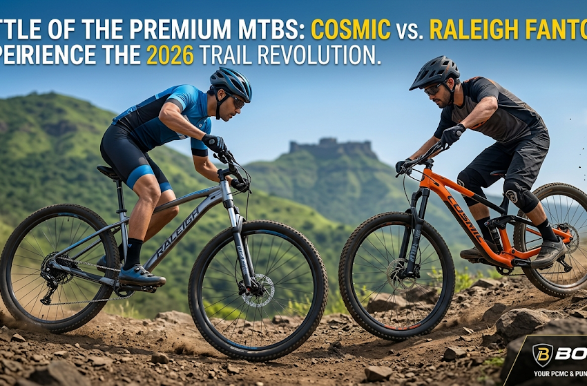 Cosmic and Raleigh Fantom premium mountain bikes compared on rugged off-road trails in Pune and Maharashtra.