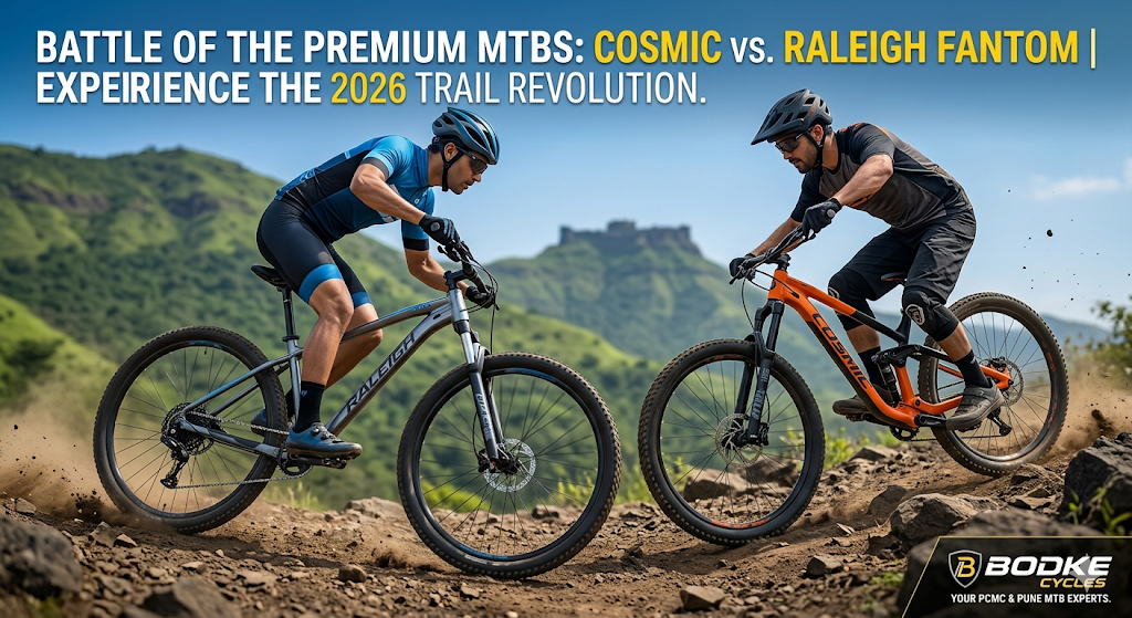 Cosmic and Raleigh Fantom premium mountain bikes compared on rugged off-road trails in Pune and Maharashtra.