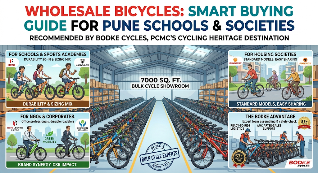 Bulk bicycle fleet supplied for schools, housing societies, NGOs, and corporate organizations in Pune.