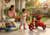 Toddler riding a Dash tricycle while developing balance, coordination, and confidence under parental supervision.