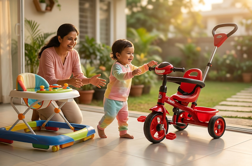 Toddler riding a Dash tricycle while developing balance, coordination, and confidence under parental supervision.