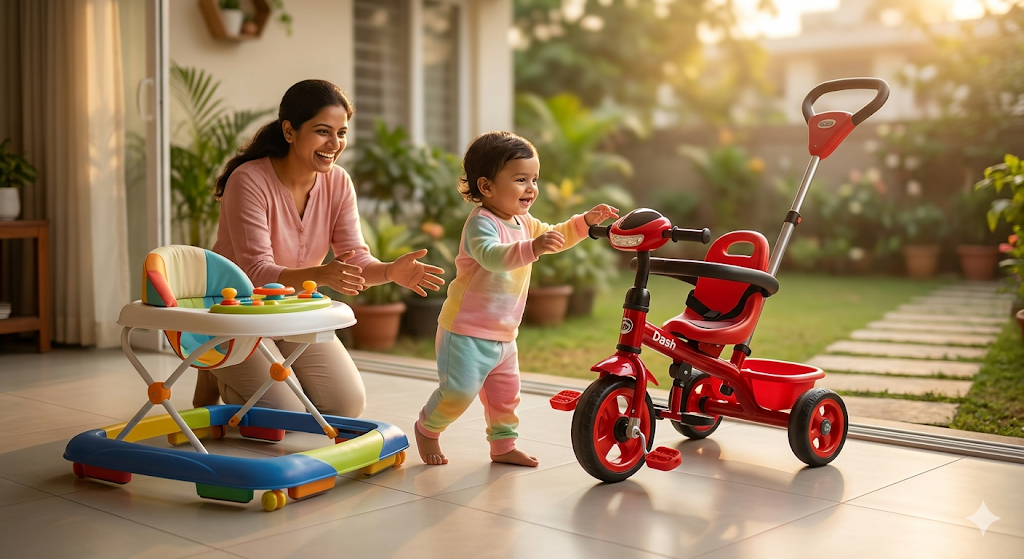 Toddler riding a Dash tricycle while developing balance, coordination, and confidence under parental supervision.